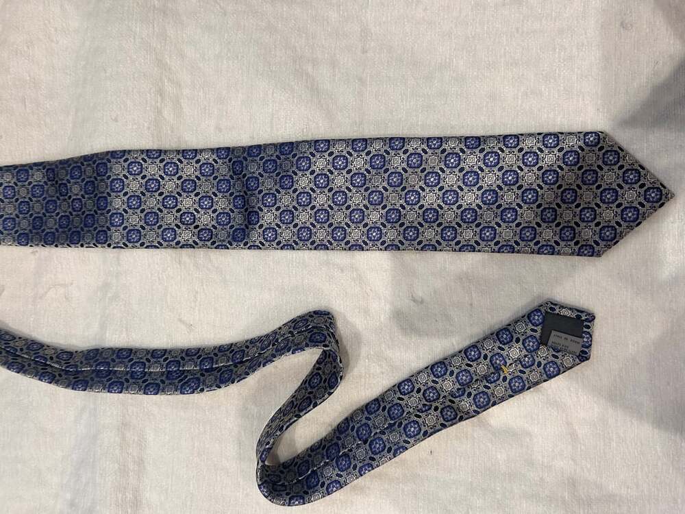 Luxury Canali 100% Silk Men's Navy Blue & Silver Geometric Square Medallion Tie